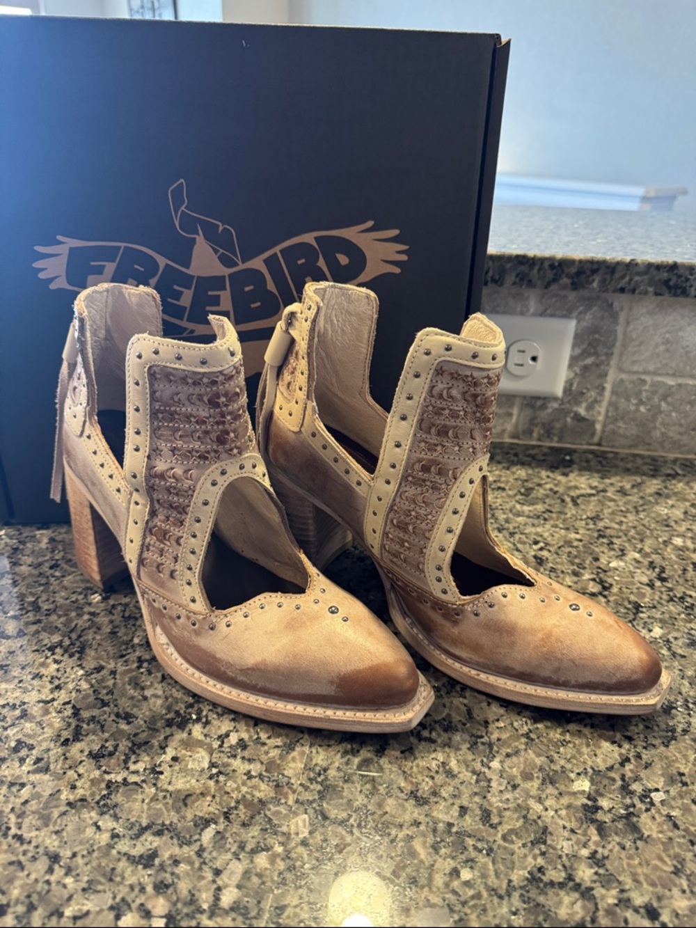 Freebird by Steven Two-Tone Tan Cutout Studded Heeled Booties